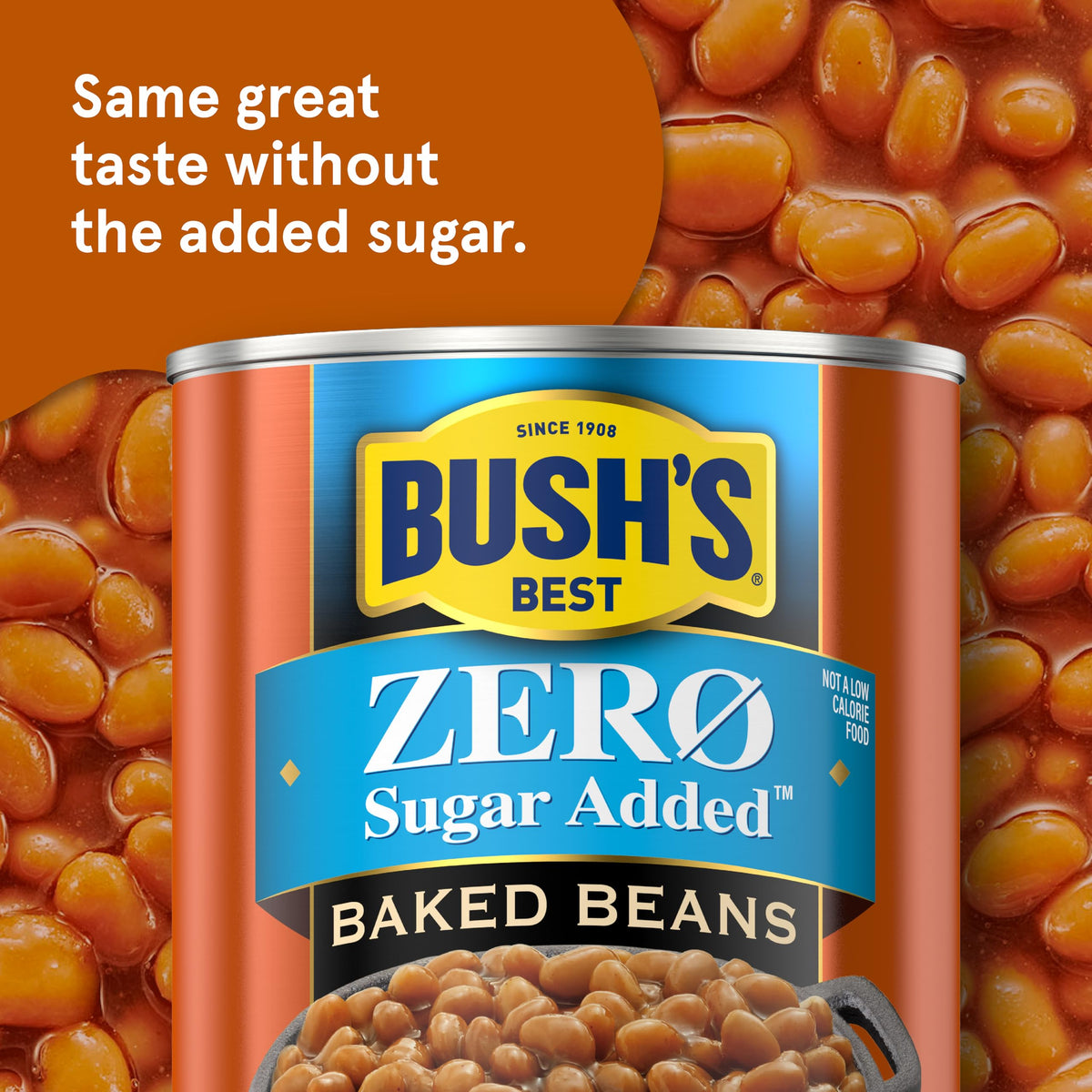 Bush's Best Zero Sugar Baked Beans cans stacked in pantry, gluten-free side option.