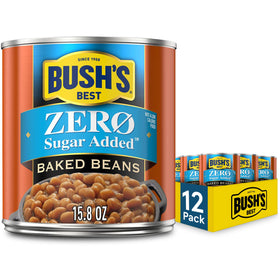 Bush's Best Zero Sugar Baked Beans pack of 12 cans on pantry shelf for quick, fiber-rich meals.