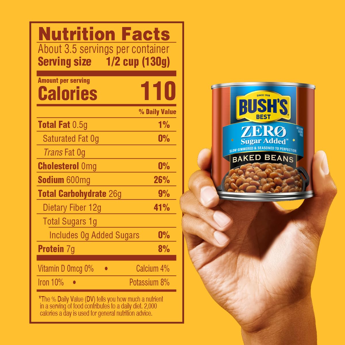 Bush's Best Zero Sugar Baked Beans served in a bowl highlighting protein and fiber.