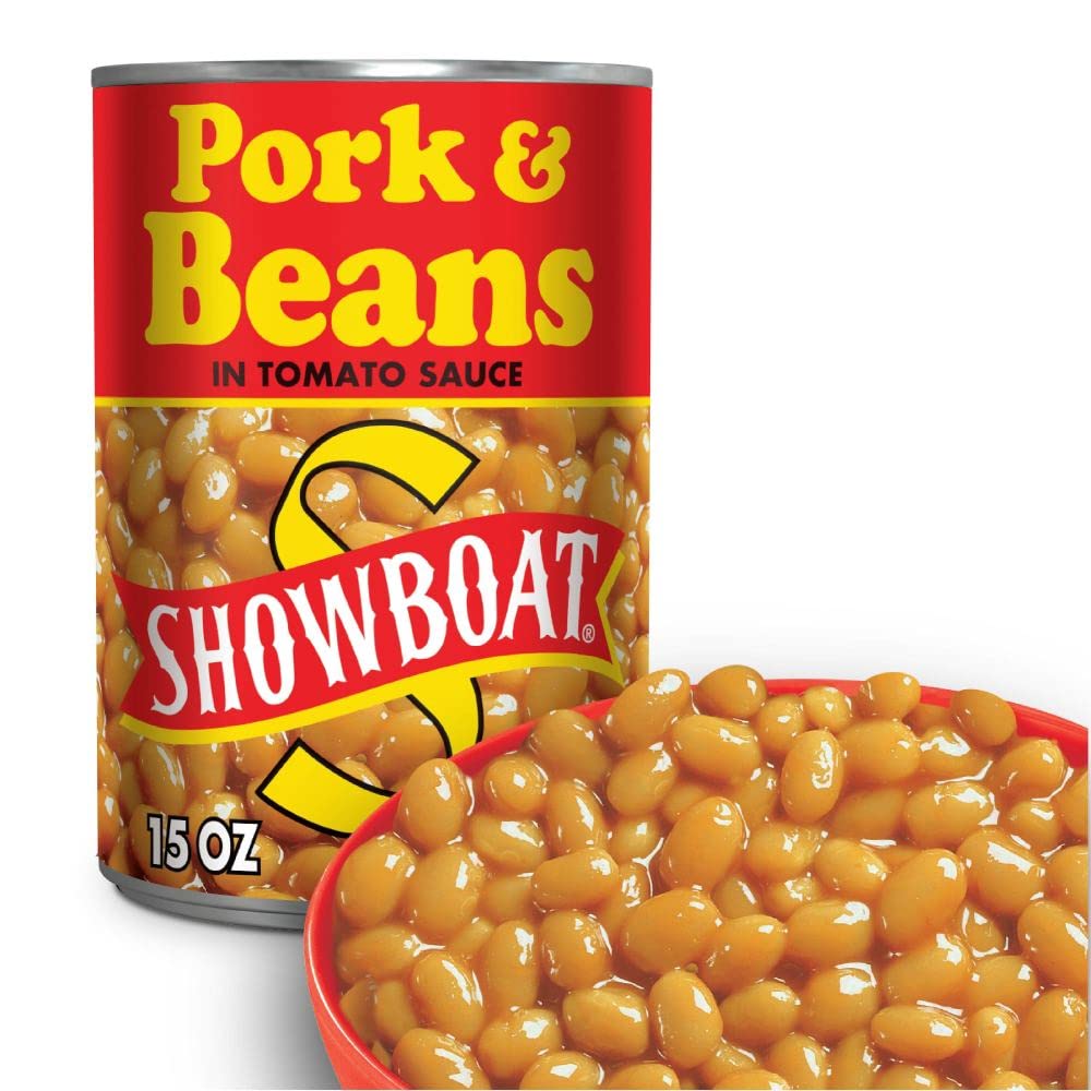 Pantry pack of twelve Bush's Showboat pork and beans cans for stocking.