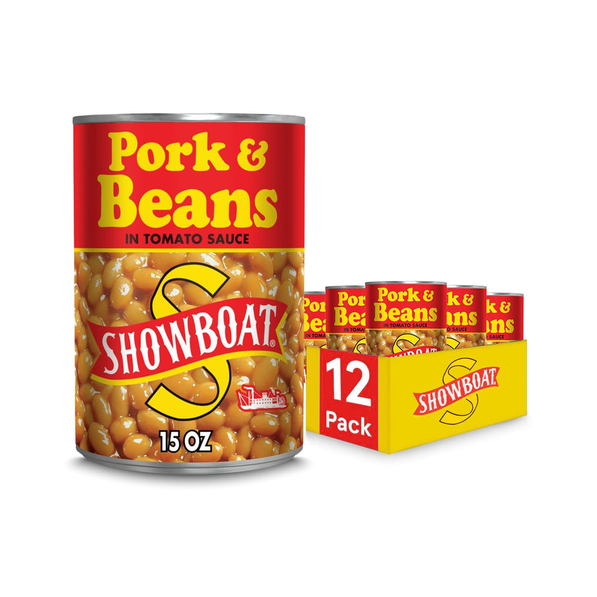 Bush's Showboat pork and beans in tomato sauce can, ready to heat for a quick meal.