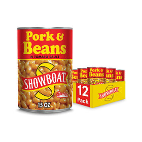 Bush's Showboat pork and beans in tomato sauce can, ready to heat for a quick meal.