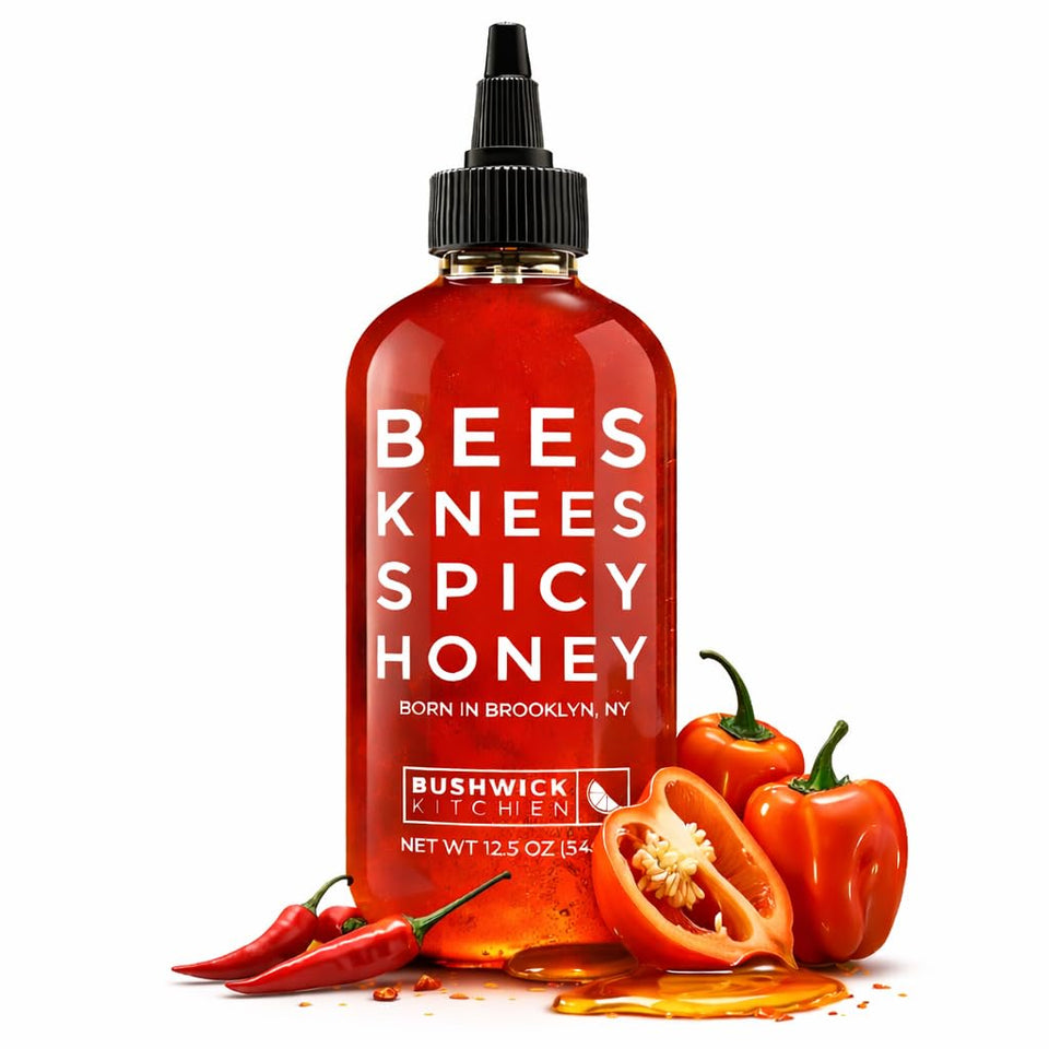 Bushwick Kitchen Bees Knees spicy honey bottle front with drizzle for bold flavor