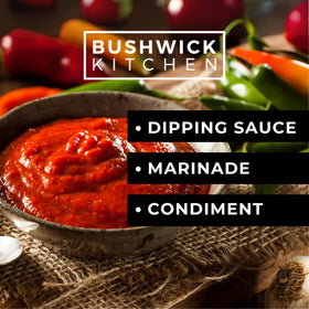 Bushwick Kitchen Weak Knees curry sriracha label showcases USA-made quality.