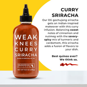 Bushwick Kitchen Weak Knees Curry Sriracha pour bottle in action for easy drizzling.