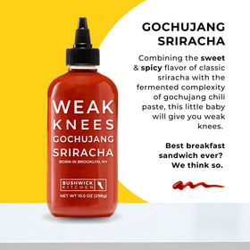 Bushwick Kitchen Weak Knees Gochujang Sriracha bottle dispensing for easy pour