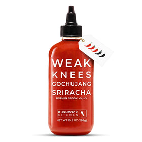 Bushwick Kitchen Weak Knees Gochujang Sriracha bottle front for bold flavor