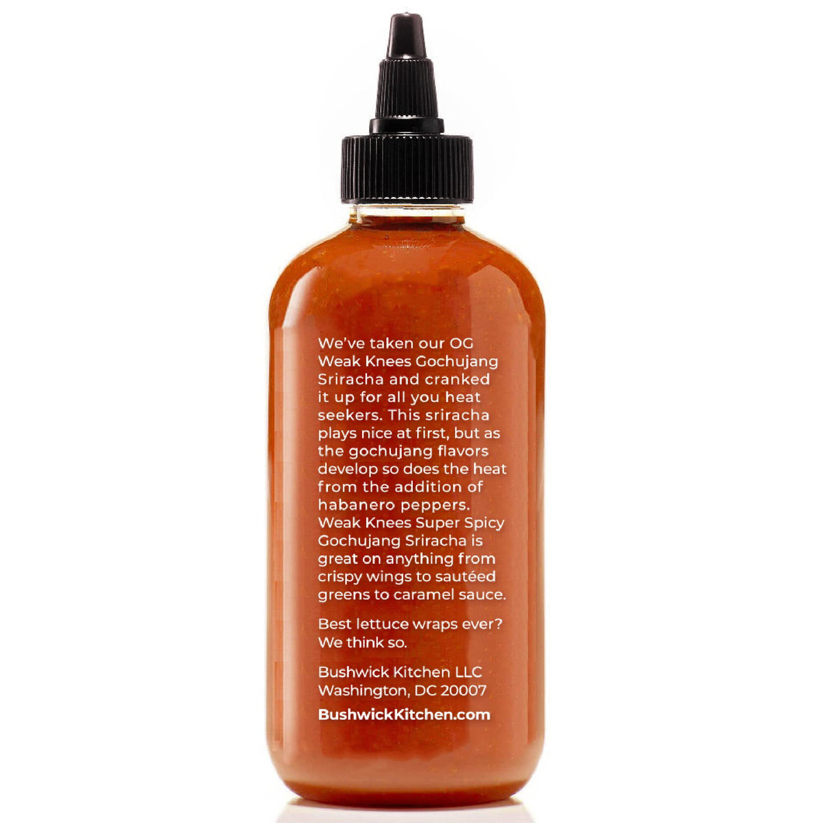 Top view of Bushwick Kitchen Weak Knees bottle with vibrant gochujang-sriracha blend