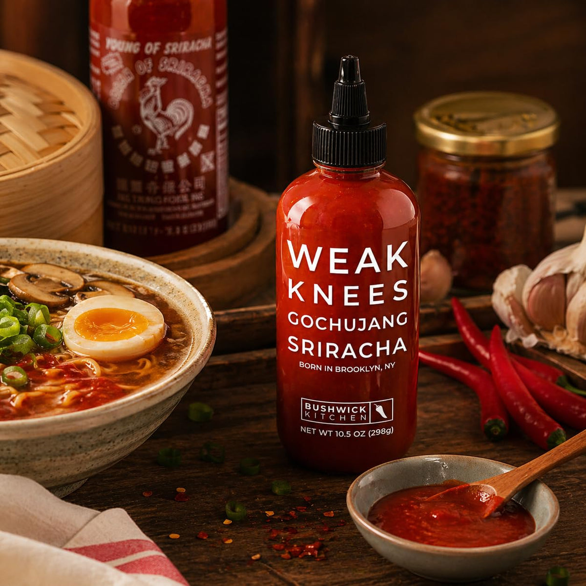 Bushwick Kitchen Weak Knees Gochujang Sriracha ingredient list closeup emphasizes real ingredients