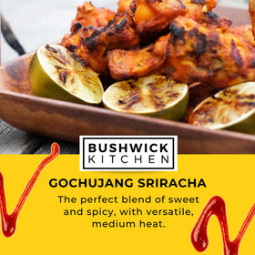 Bushwick Kitchen Weak Knees Gochujang Sriracha label with vegan and gluten-free notes