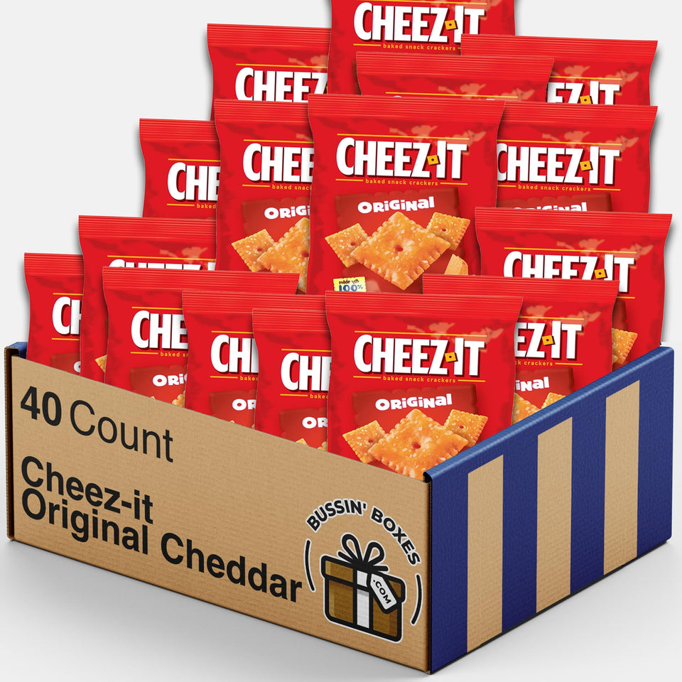 Bussin Boxes Cheez-It Original snack packs in a Bussin Box, ideal for on the go office snacks.