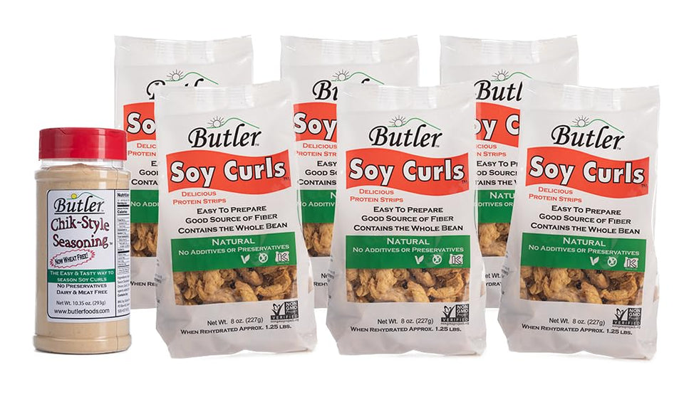 Butler Soy Curls 6-pack packaging ready for plant-based meals.
