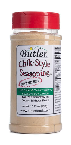 Butler Soy Curls Chik-Style seasoning jar for bold flavor.