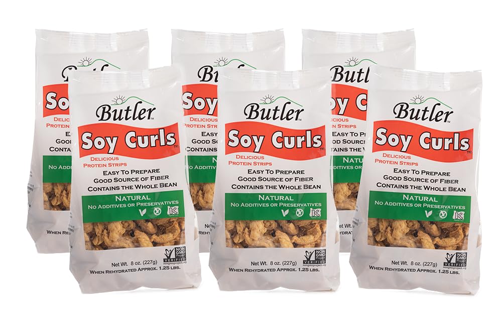 Butler Soy Curls raw close-up showing whole soybean texture.