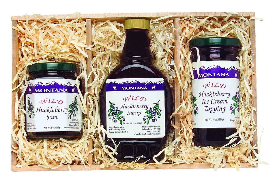 BUTO Montana Gift Crate with huckleberry syrup, jam, and topping for breakfast or dessert.