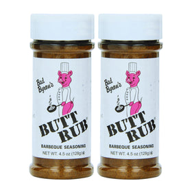 Butt Rub barbeque seasoning on the two-pack shaker ready for grilling.