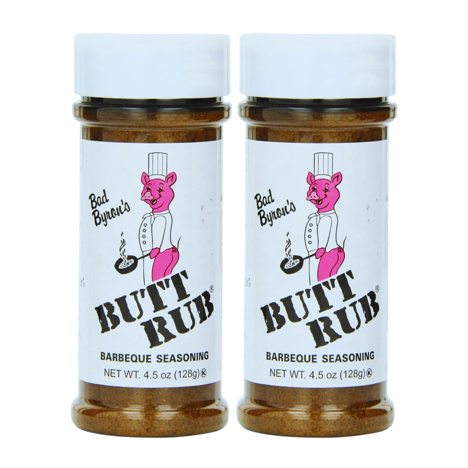 Butt Rub barbeque seasoning on the two-pack shaker ready for grilling.