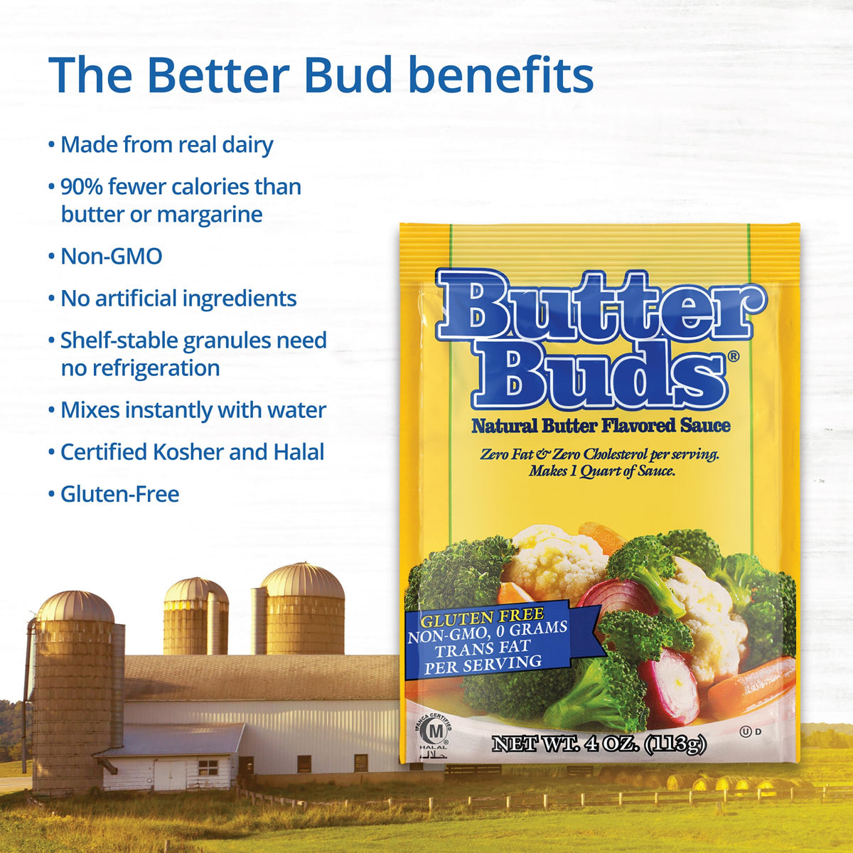 Butter Buds gluten-free kosher halal labeling appeals to diverse dietary needs.