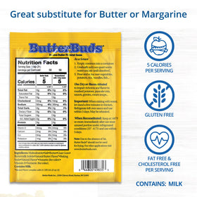 Butter Buds natural butter flavor packet highlights convenient, low-calorie sauce enhancement.