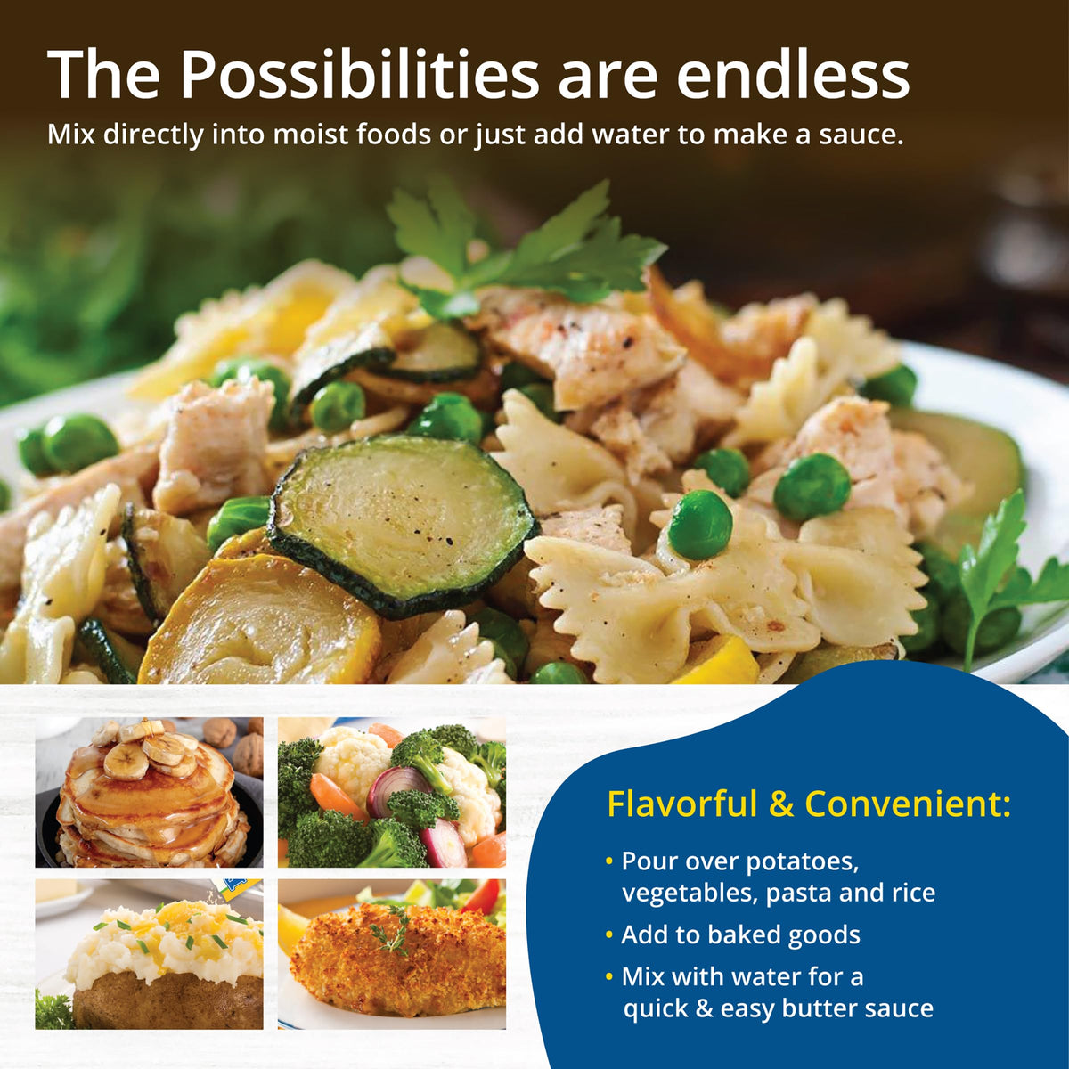 Butter Buds ready-to-mix pasta dish demonstrates versatile, gluten-free seasoning option.