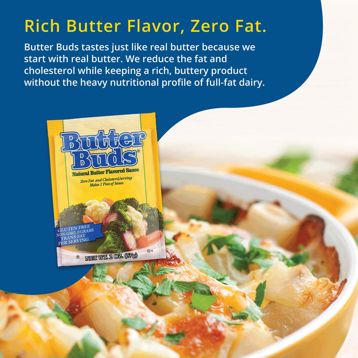 Butter Buds sauce mix being poured into a pot for easy preparation