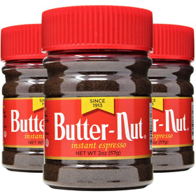 Butter-Nut Instant Espresso pack 3 front view for quick morning coffee.