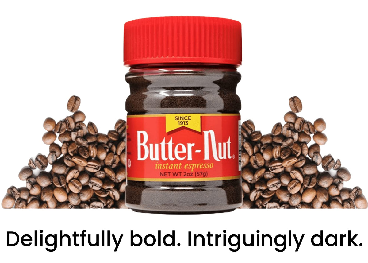 Butter-Nut Instant Espresso packaging six-pack emphasizes convenient, quick espresso at home.