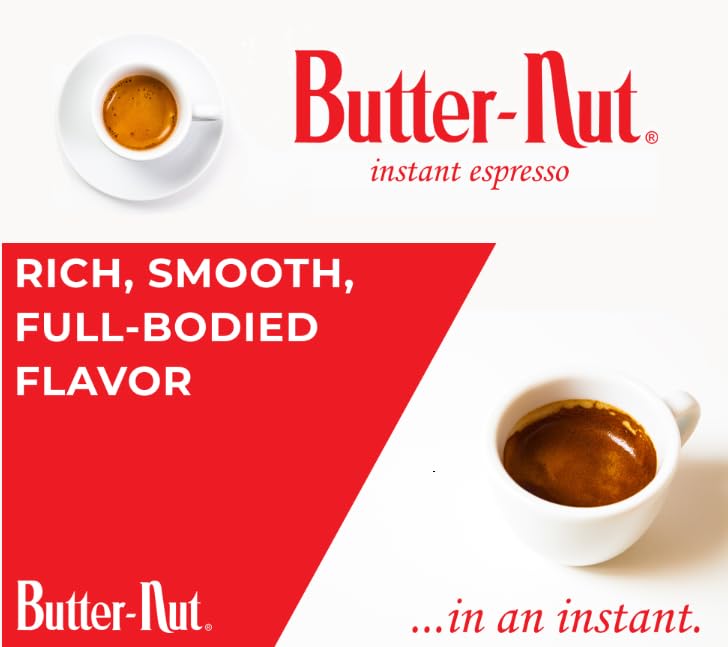 Butter-Nut instant espresso powder dispersing in a cup for rich aroma.