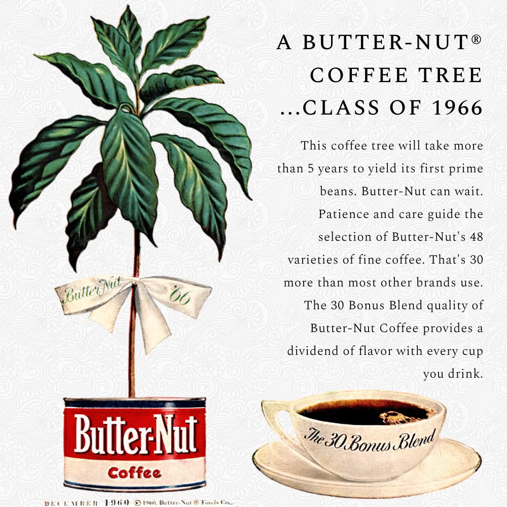 Butter-Nut Original Blend coffee beans and grounds signal quality and aroma.