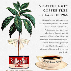 Butter-Nut Original Blend coffee beans and grounds signal quality and aroma.