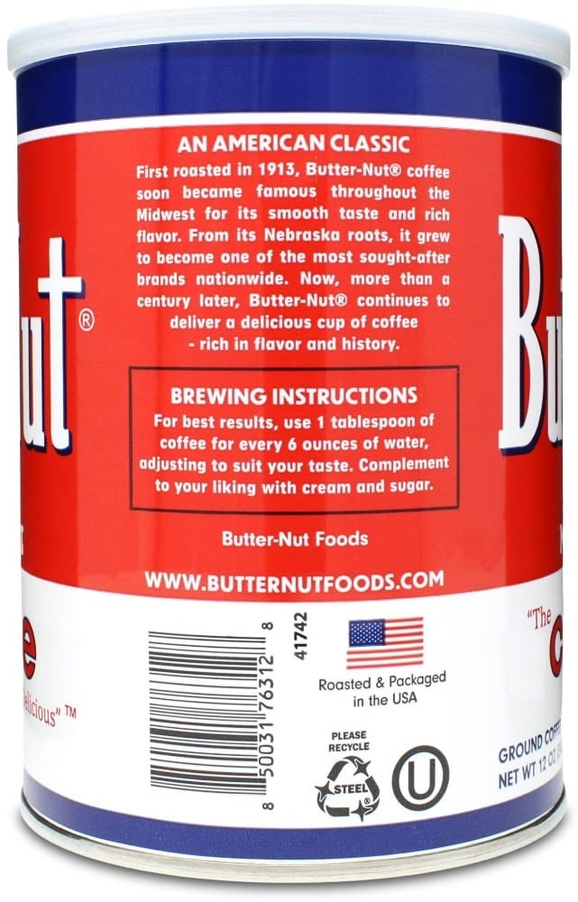 Butter-Nut Original Blend steel can closeup highlighting freshness.