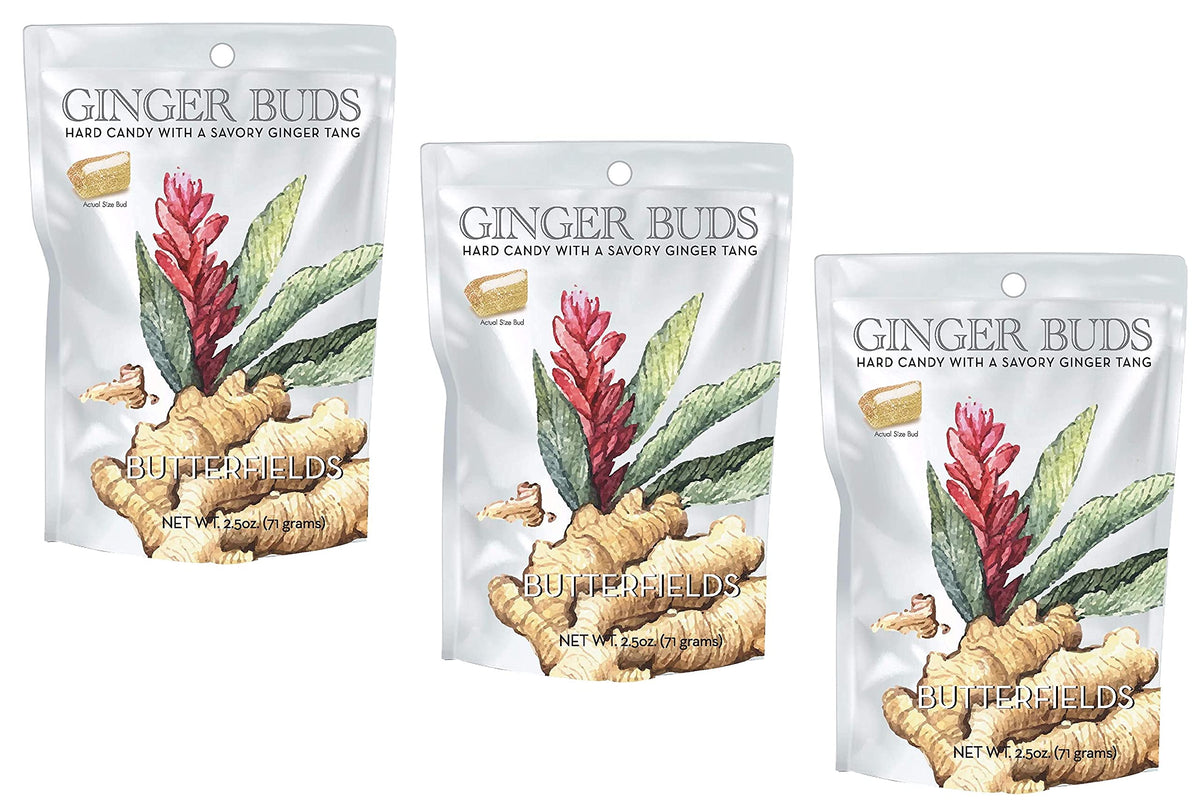 Butterfields Ginger Buds in glass jar—gluten-free and dairy-free snack.