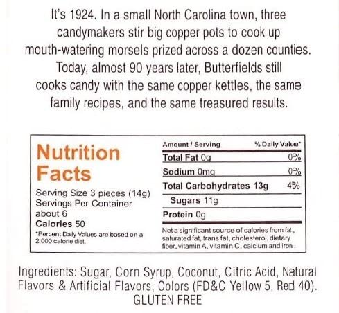 Gluten-free and dairy-free label on Butterfields Peach Buds package.