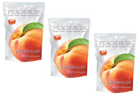 Butterfields Peach Buds Candy in a glass jar, gluten-free and dairy-free indulgence.