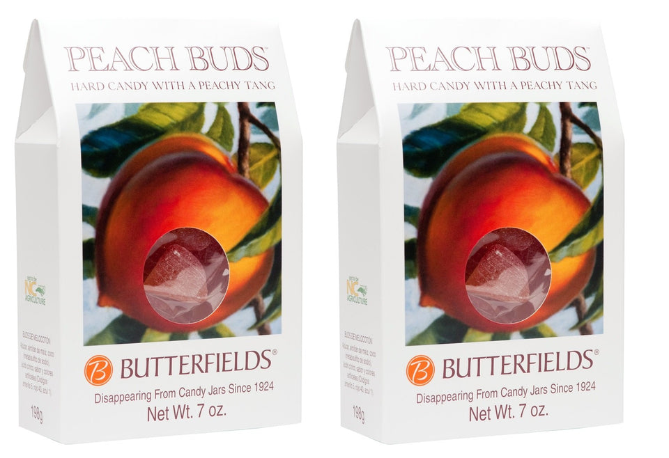Butterfields Peach Buds hard candy on a tray, gluten-free and dairy-free indulgence.