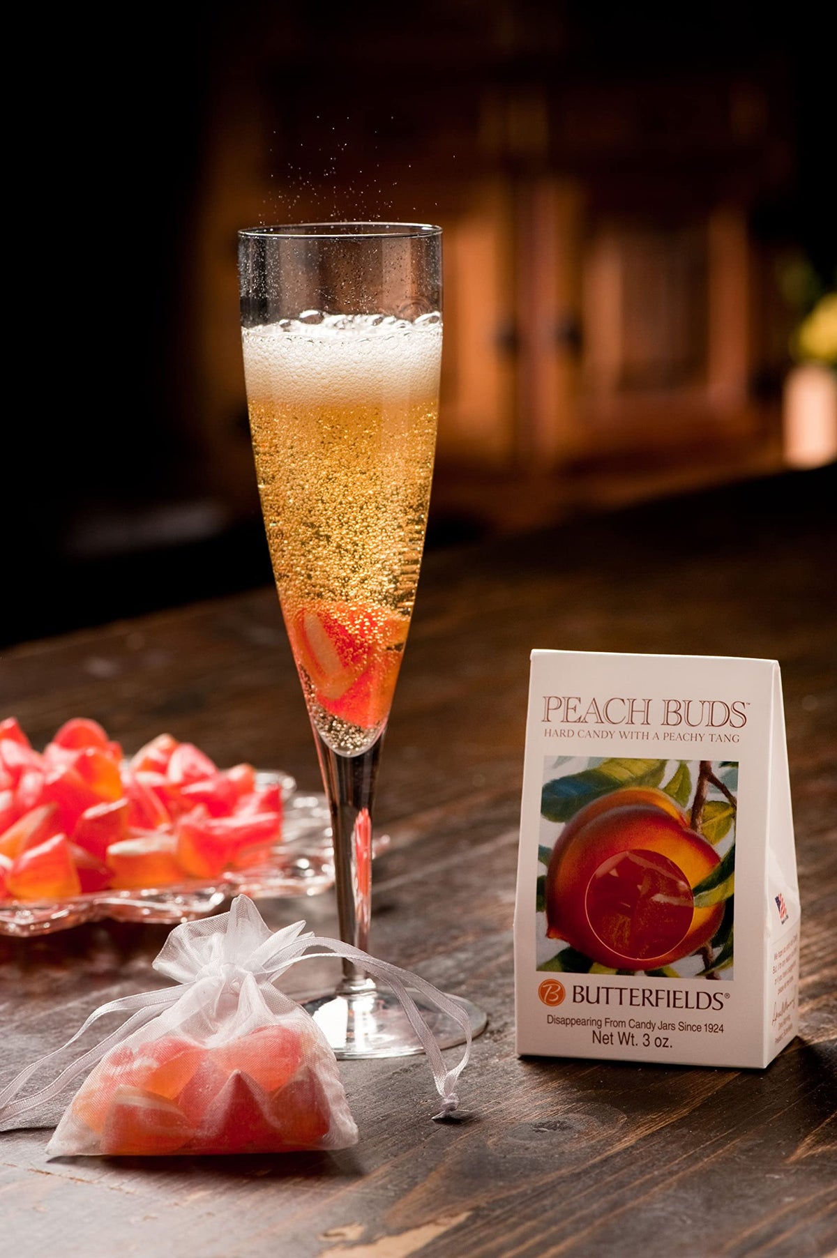 Butterfields Peach Buds on napkin—premium candy for celebrations.
