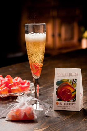 Butterfields Peach Buds on napkin—premium candy for celebrations.