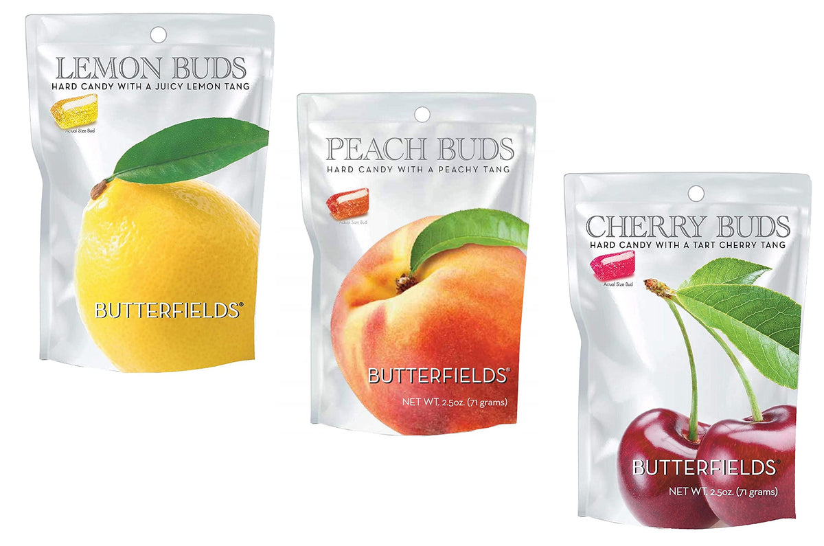 Butterfields three pack box displaying Peach Buds Cherry Buds and Lemon Buds, ideal for gifting