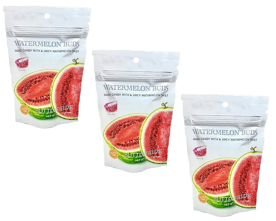 Butterfields Watermelon Buds pack front showing gluten-free, dairy-free USA-made candy.