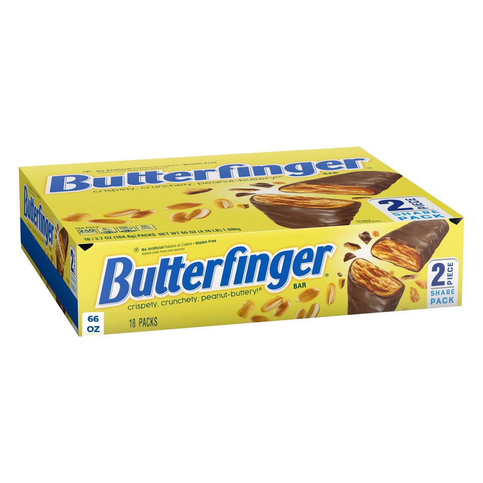 Butterfinger full-size bar unwrapped, crispety crunchety texture for on-the-go snacking.