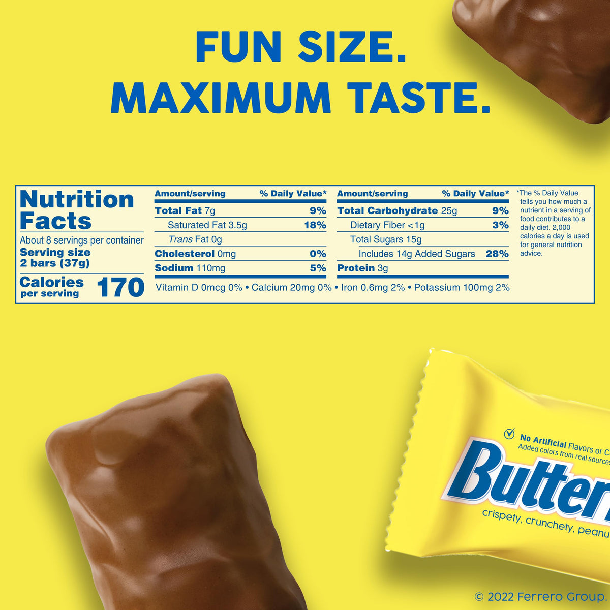 Butterfinger fun-size bars individually wrapped close-up ideal for on-the-go snacking at work or school.