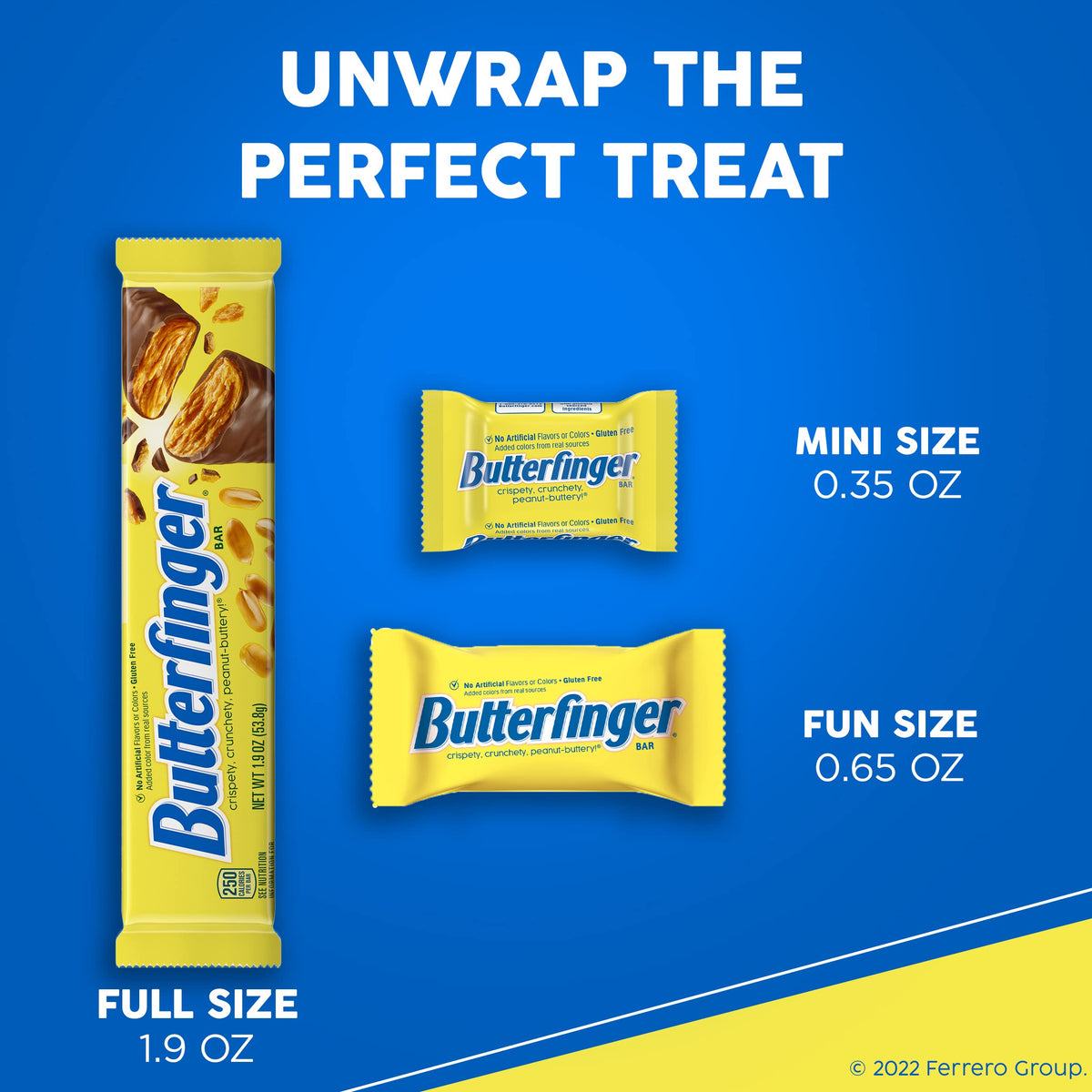 Butterfinger no artificial flavors colors badge signaling a snack option for sharing.