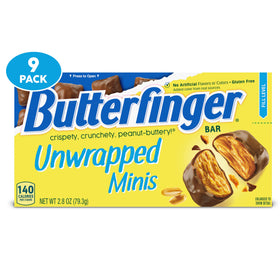 Butterfinger Unwrapped Minis box front view, ideal for shared movie-night snacking.