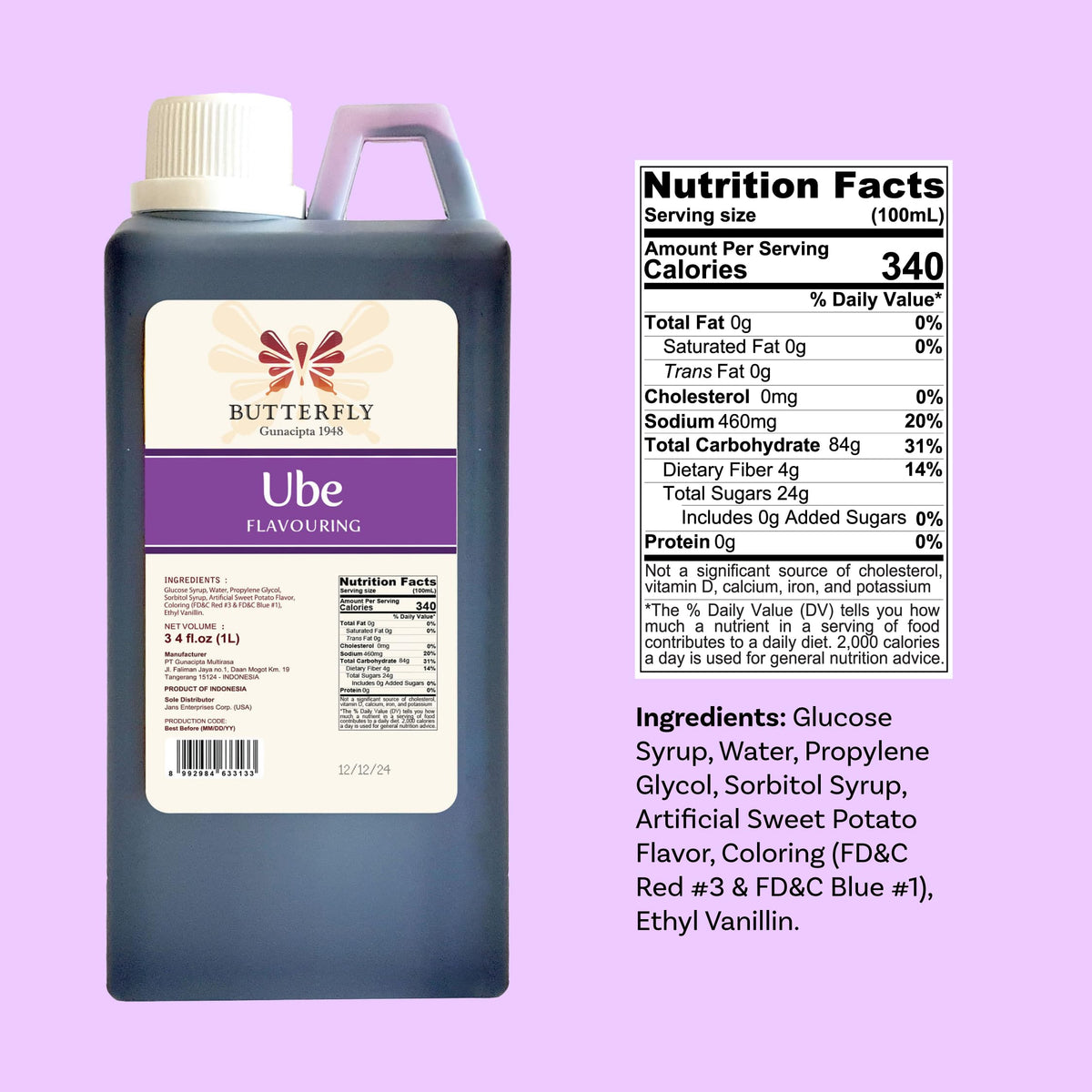 Close-up of UBE extract label from Butterfly Gunacipta 1948, premium restaurant size.