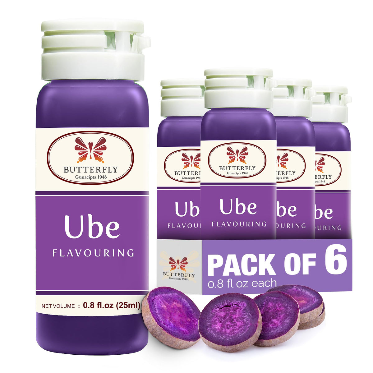 Butterfly Gunacipta 1948 Ube paste packaging showcases a six-count supply.