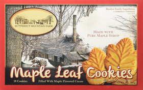 Butternut Mountain Farm maple leaf cookies pack closeup, rich maple flavor ideal for gifting.