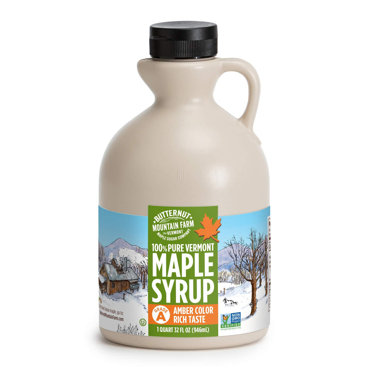 Butternut Mountain Farm Pure Vermont maple syrup amber color bottle showing rich flavor for table use