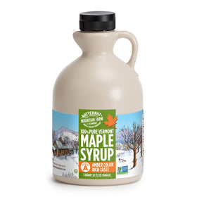 Butternut Mountain Farm Pure Vermont maple syrup amber color bottle showing rich flavor for table use