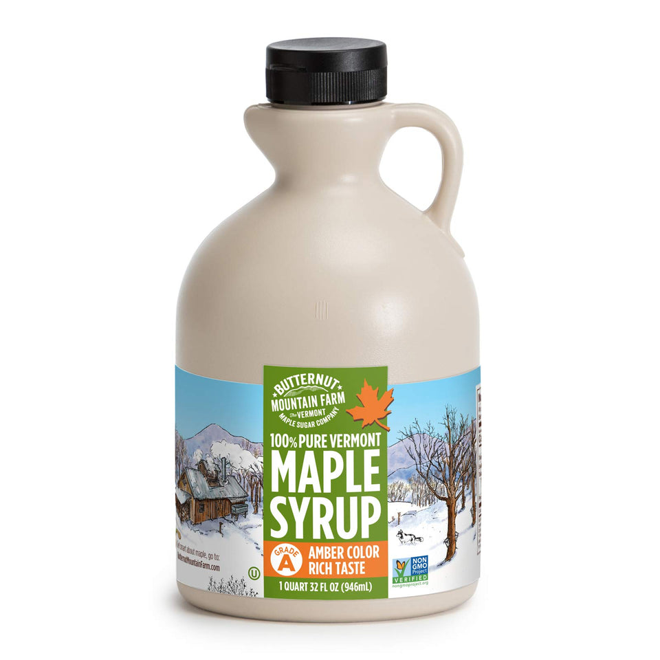 Butternut Mountain Farm Pure Vermont maple syrup amber color bottle showing rich flavor for table use