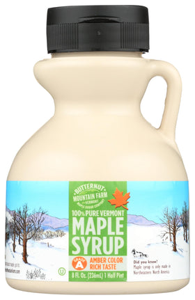 Butternut Mountain Farm Rich Amber Maple Syrup jar ready to pour over breakfast